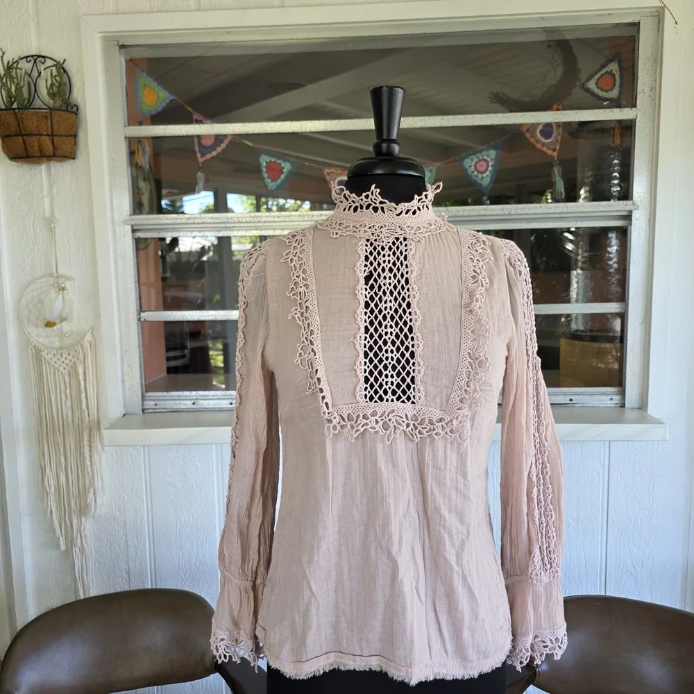 Free People FP One Victoria Top Blush Crochet-Trim Long Sleeve Top